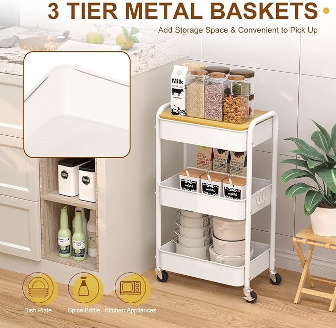 3 Tier Metal Utility Cart, Rolling Storage Cart - Image 5