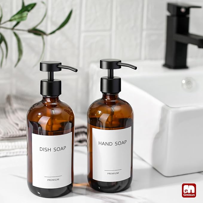 GMISUN Amber Glass Soap Dispenser, 2 Pack Bathroom Hand Soap Dispensers - Image 4