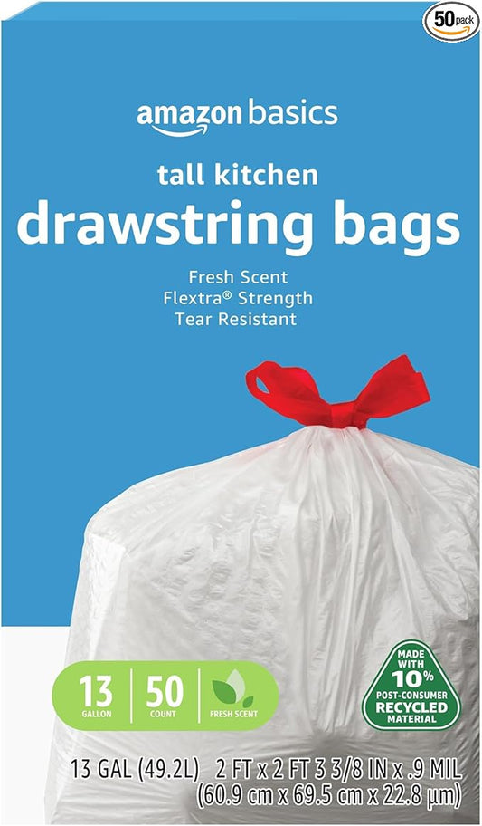 Amazon Basics 13 Gallon Flextra Strength Tall Kitchen Drawstring Trash Bags by AmazonBasics