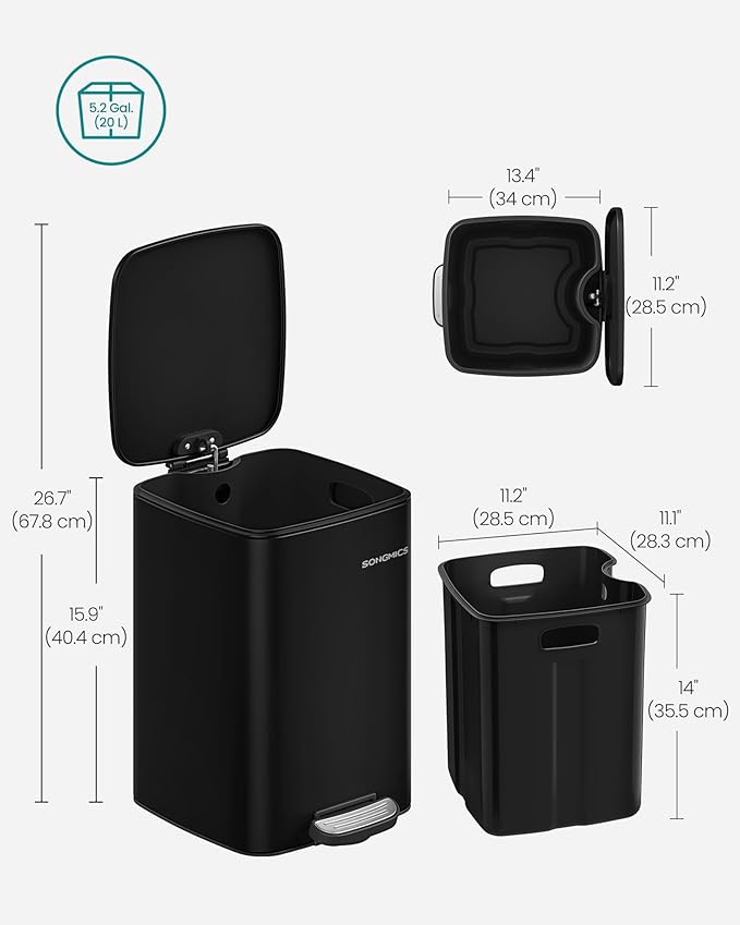 SONGMICS Kitchen Trash Can, 5.2-Gallon Trash Bin, Stainless Steel Garbage Can - Image 7
