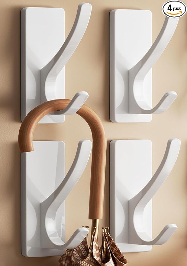 White Self Adhesive Coat Hooks for Hanging, Heavy Duty Stainless Double Wall by pickpiff