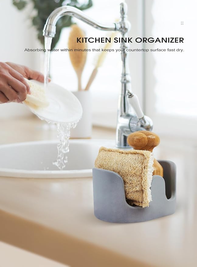Double Sponge Holder, 2 Slots Diatomite Stone Sponge Holder, Absorbent Sponge - Image 5