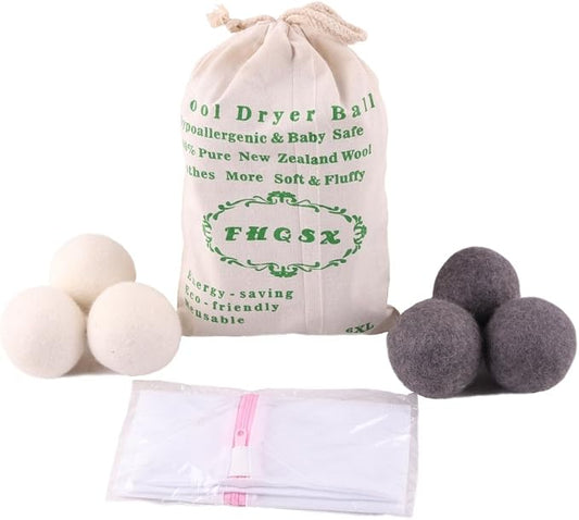 Wool Dryer Balls by FHQSX 6-Pack, XL Premium Reusable Natural Fabric Softener by FHQSX