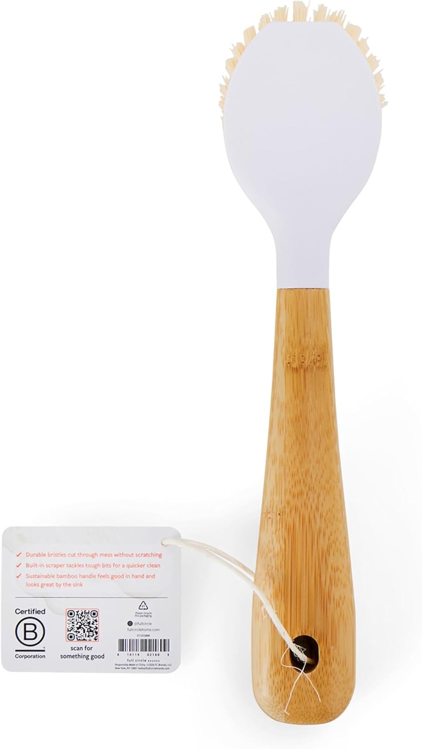Full Circle Daily Dish Brush-Bamboo Handle Dish Brush–Sustainable Kitchen Cleaning with Tough Bristles-Natural Dish Scrubber,Nonstick & Cast Iron Cleaner-Long Handle Brush for Dishes,Pots,and Pans
