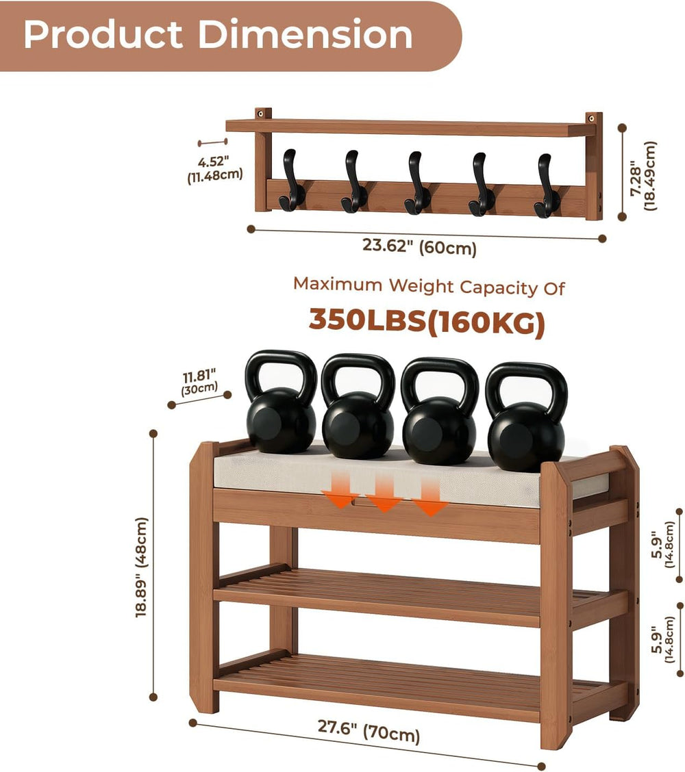 27.6" Shoe Rack Bench with Coat Rack, 2-Tier Entryway Storage Bench