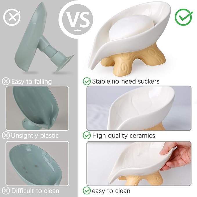 Soap Dish, Soap Holder Self Draining Leaf Shape Soap Dishes, Ceramic Draining - Image 7
