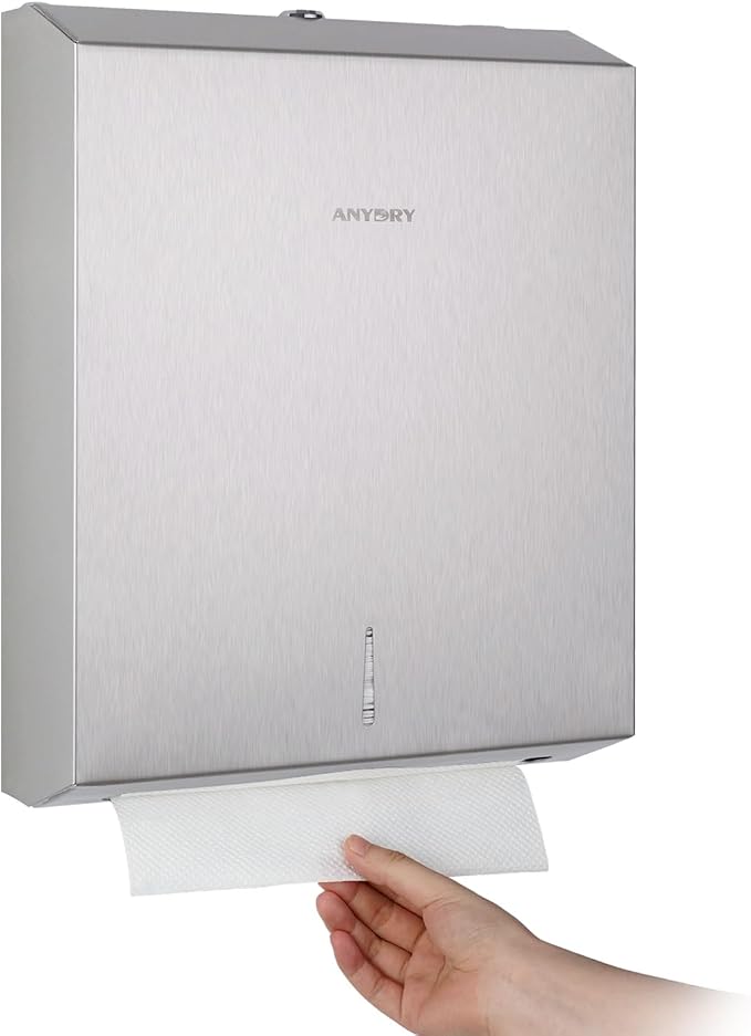 Commercial Paper Towel Dispenser Wall Mount 400-Sheet Capacity Brushed by ANYDRY