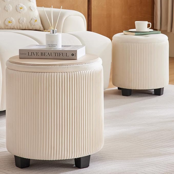 Big Round Ottoman with Storage Set of 2, Upholstered Velvet Vanity Stool - Image 7