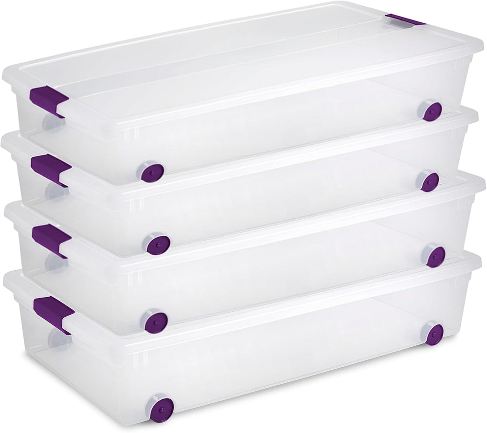 Sterilite 4-Pack 60 Quart ClearView Latch Box, Wheeled Underbed Organizer Bins