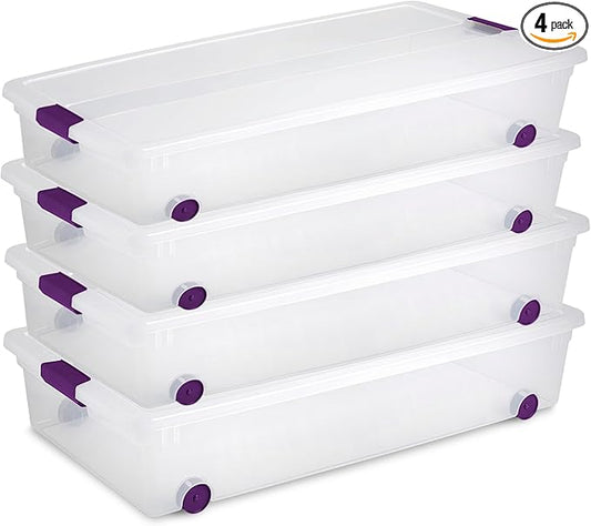 Sterilite 4-Pack 60 Quart ClearView Latch Box, Wheeled Underbed Organizer Bins by Sterilite