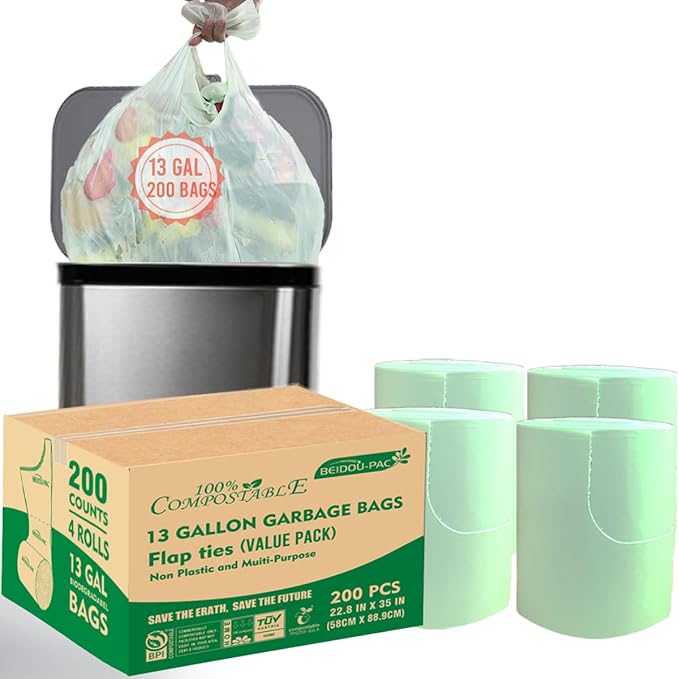 13 Gallon Flap Tie Compostable Trash Bags, Compost Bags Tall Kitchen Trash Bags by BEIDOU-PAC