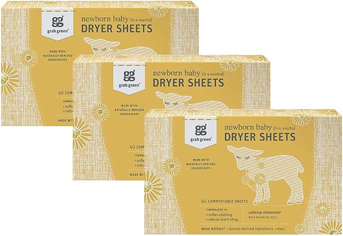 Grab Green Newborn Baby Dryer Sheets, 120 Sheets, Chamomile Scent, Plant and by GrabGreen