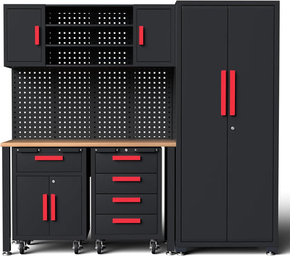6Pcs Garage Cabinets Storage System with Rolling Chest,Red Handle