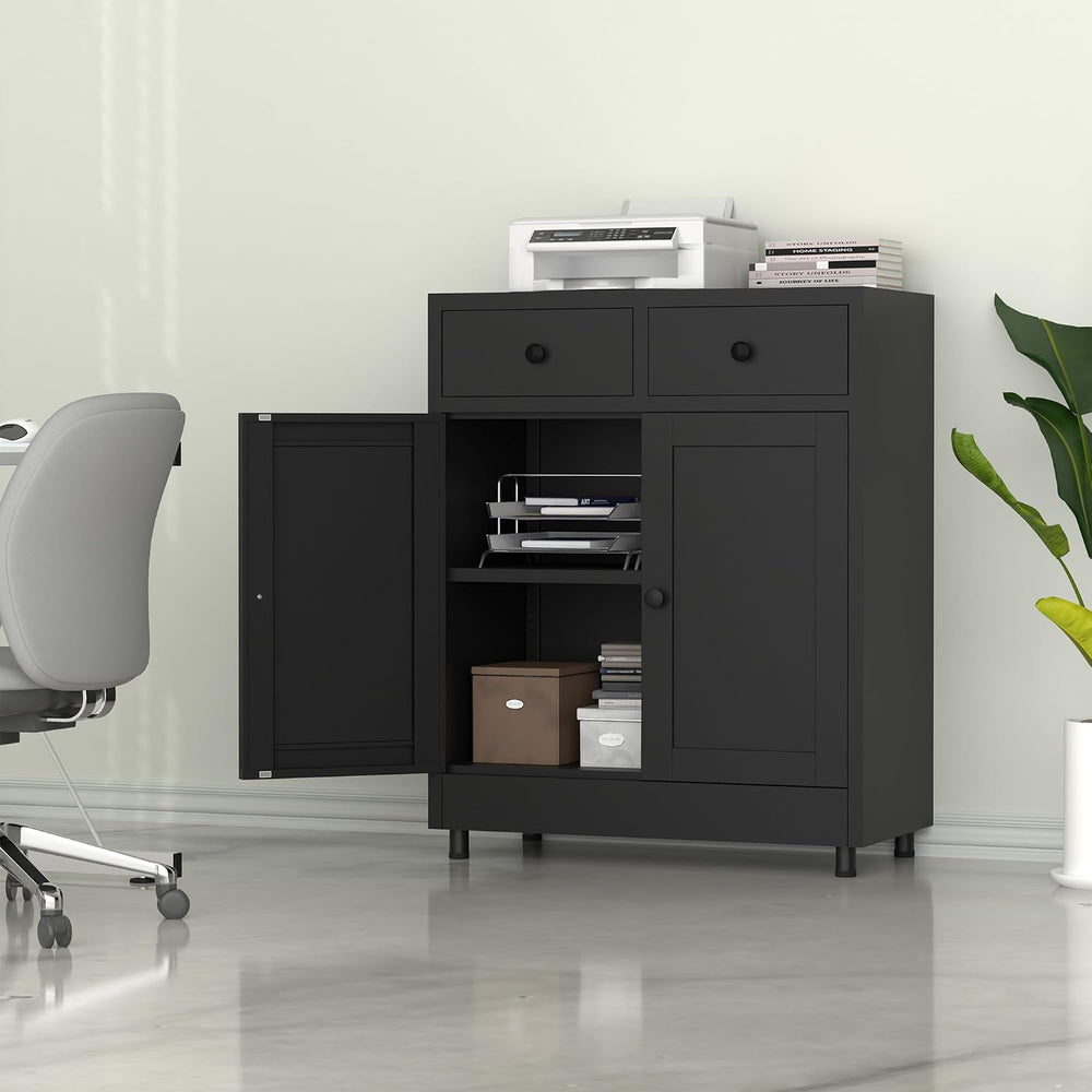Metal Storage Cabinet with 2 Drawers and Adjustable Shelf, Sideboard Buffet C...