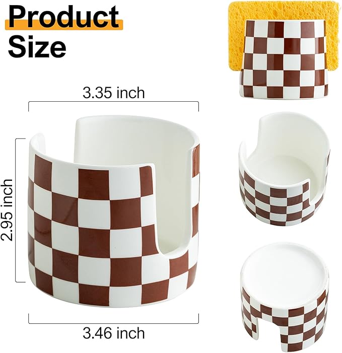 Checkered Sponge Holder for Kitchen Sink, Ceramic Dish Sponge Drying Caddy - Image 2