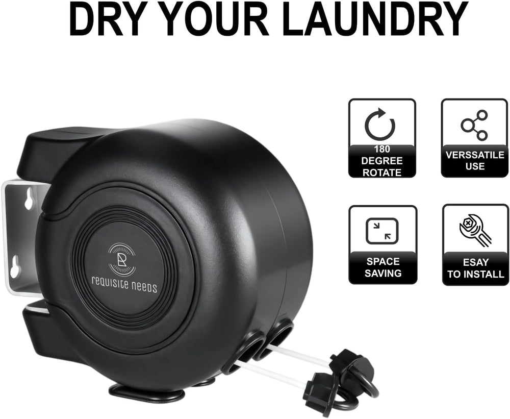 REQUISITE NEEDS Wall Mounted Twin Cable Retractable Washing Line, Black, Heav...