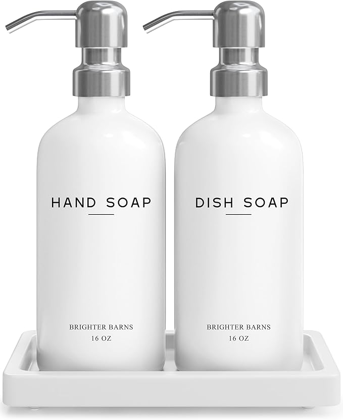 White Glass Hand and Dish Soap Dispenser Set by Brighter Barns by BrighterBarns