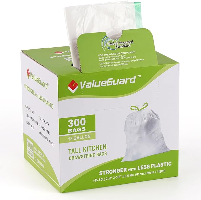 Large Trash Bags 13 Gallon Tall Drawstring 100% Post-Consumer Recycled Garbage by ValueGuard