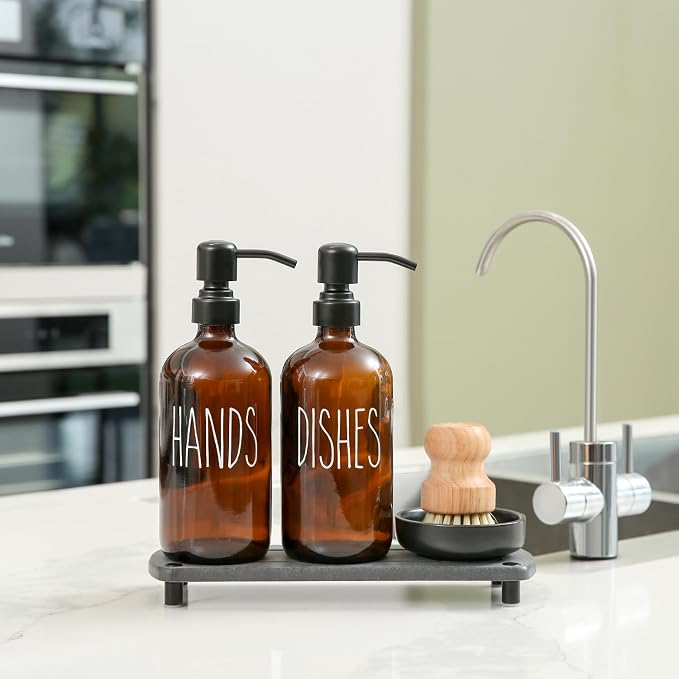 MOMEEMO Amber Glass Soap Dispenser Set Comes - Image 7