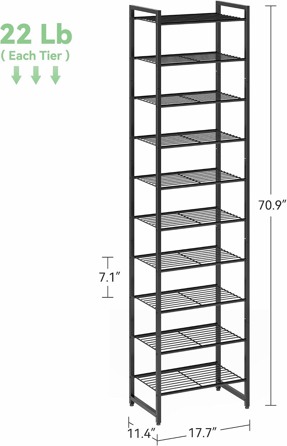 Nunsino Narrow Shoe Rack, 10-Tier Metal Shoe Organizer,Tall Shoe Shelf with A...