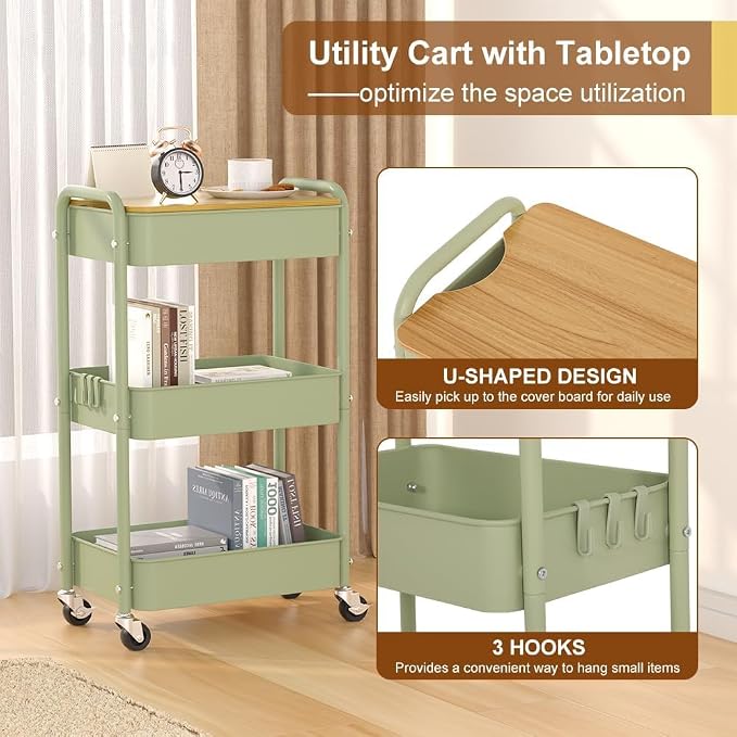 3 Tier Metal Utility Cart, Rolling Storage Cart - Image 3