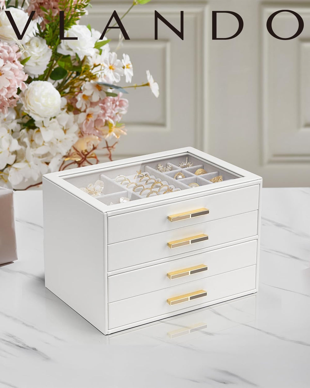 VLANDO Jewelry Box Organizer, 7-Layer Storage Drawers, Glass Window, Modern