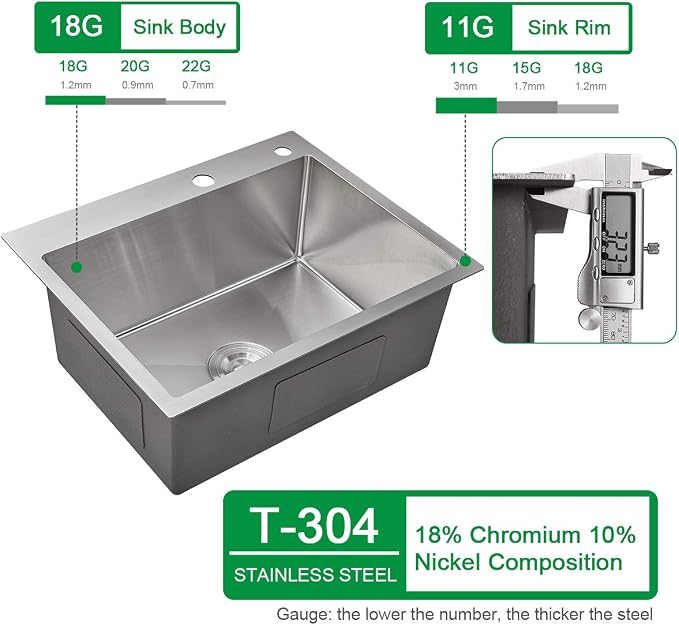 21.6x17.7 inch Drop in Kitchen Sink, Handmade 304 Stainless Steel Sink - Image 5