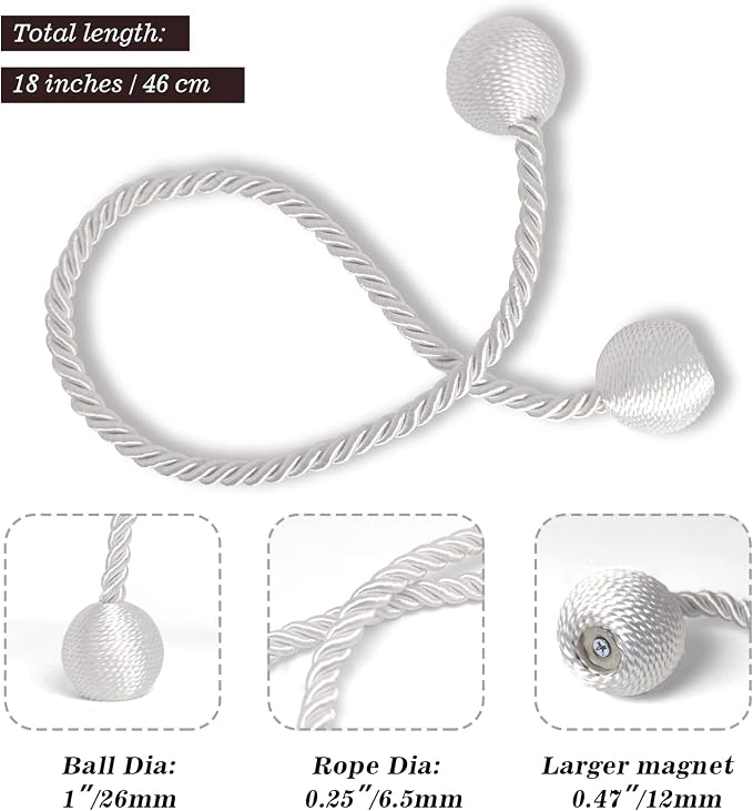 Hion Magnetic Curtain Tiebacks White 4 Pack, Curtain Tiebacks Buckles Holdbacks - Image 2