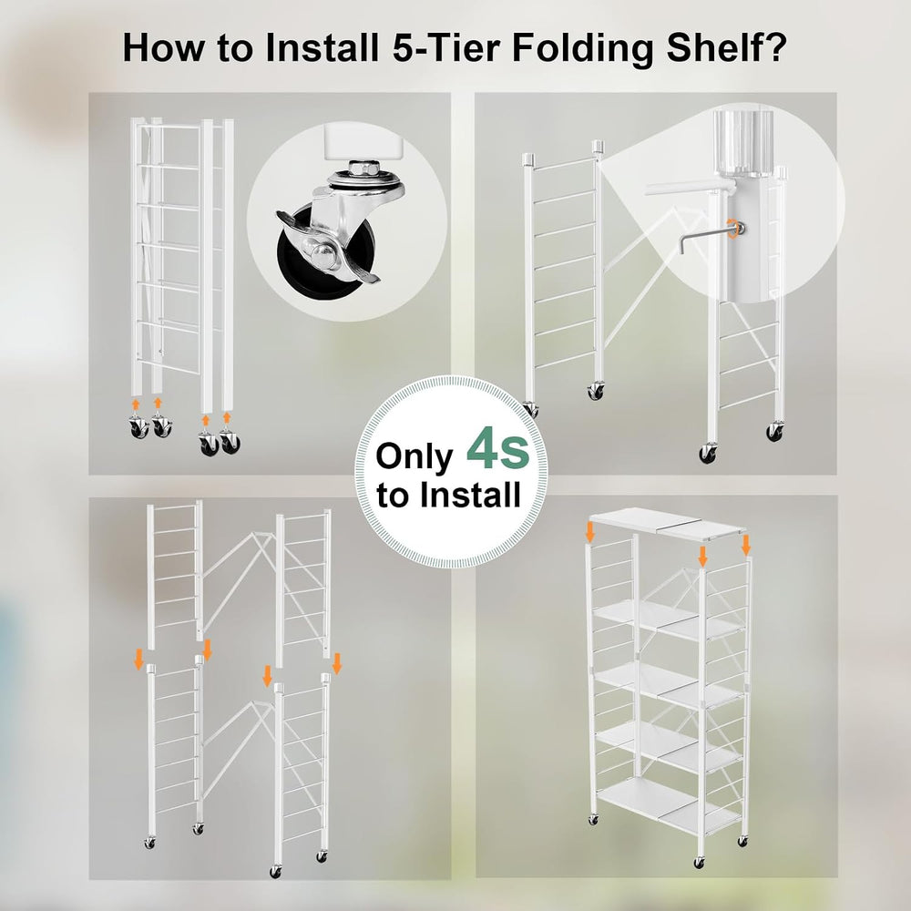 Himix 5-Tier Foldable Storage Shelves with Wheels Expandable Kitchen White