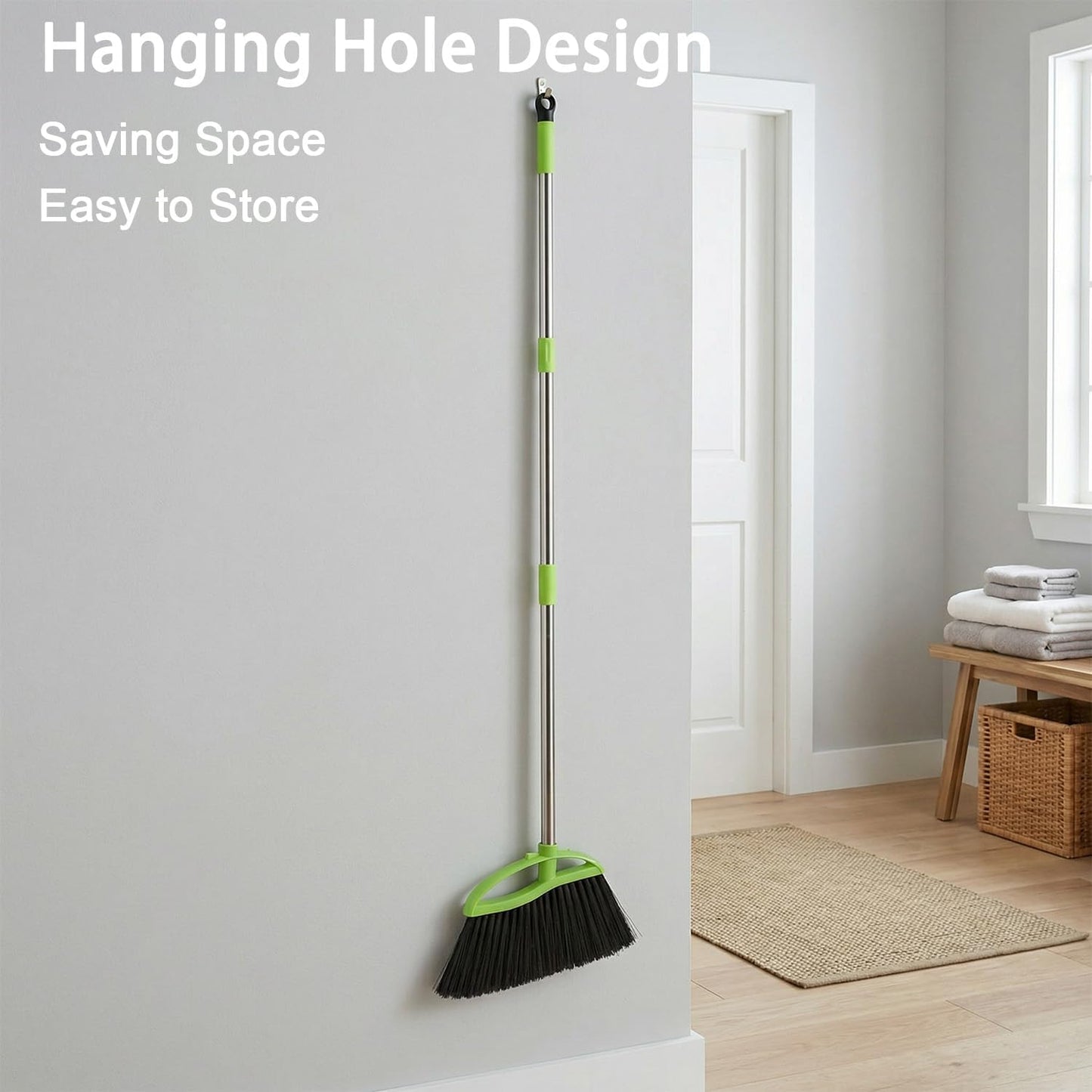 Soft Bristles Green Angle Broom with Long Handle Indoor Sweeping Broom for Home Kitchen Hardwood Floor Cleaning