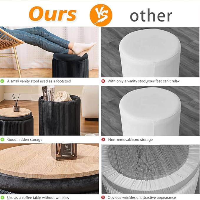 Round Set of 2 Ottoman with Storage-Upholstered Velvet Vanity Stool - Image 4