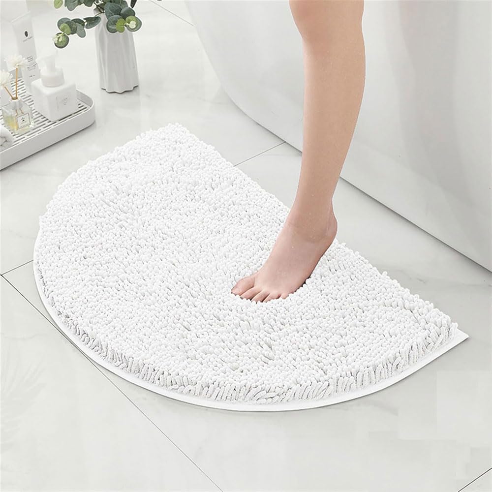 HYFAN Chenille Bath Mat Non Slip, Extra Dense and Highly Absorbent Bathroom Rug with TPR Rubber Bottom, Machine Washable Shower Semi Circle Floor Mat for Tub Sink, 19.7x31.5 Inch, White