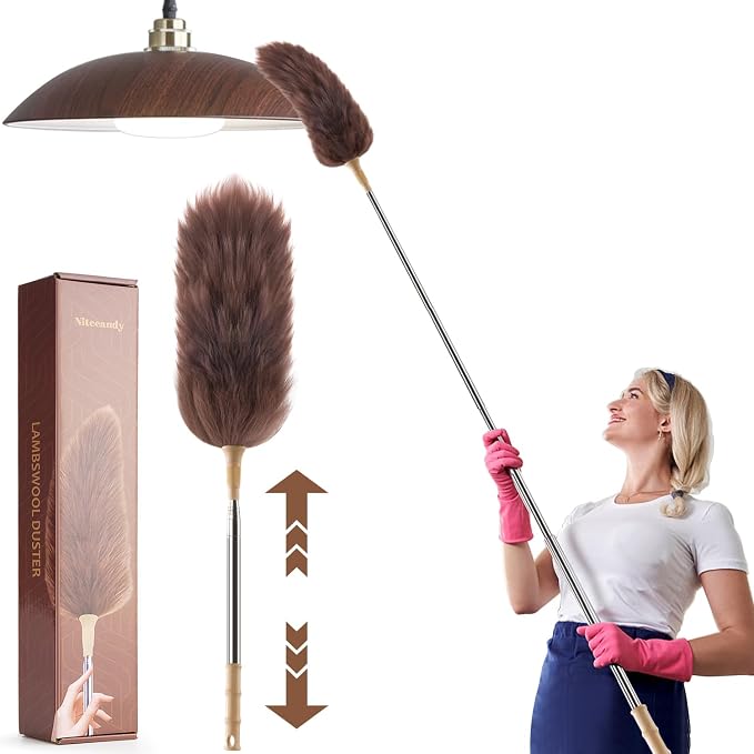 Extendable Lambswool Duster 30-100 Inch, Stainless Steel Long Handle Duster by Nitecandy