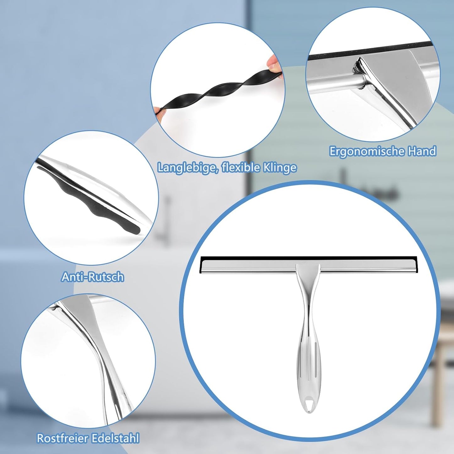 Wlich Silver Shower Squeegee, 10" Blade, 7.2" Handle, Stainless Steel, Easy to Use, Streak-Free Clean, 19201454011