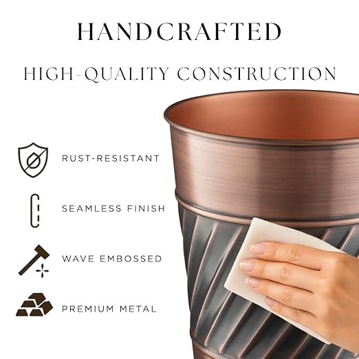 Monarch Abode Metal Wastebasket Trash Can, Handcrafted, Wave Embossed, Bathroom - Image 3