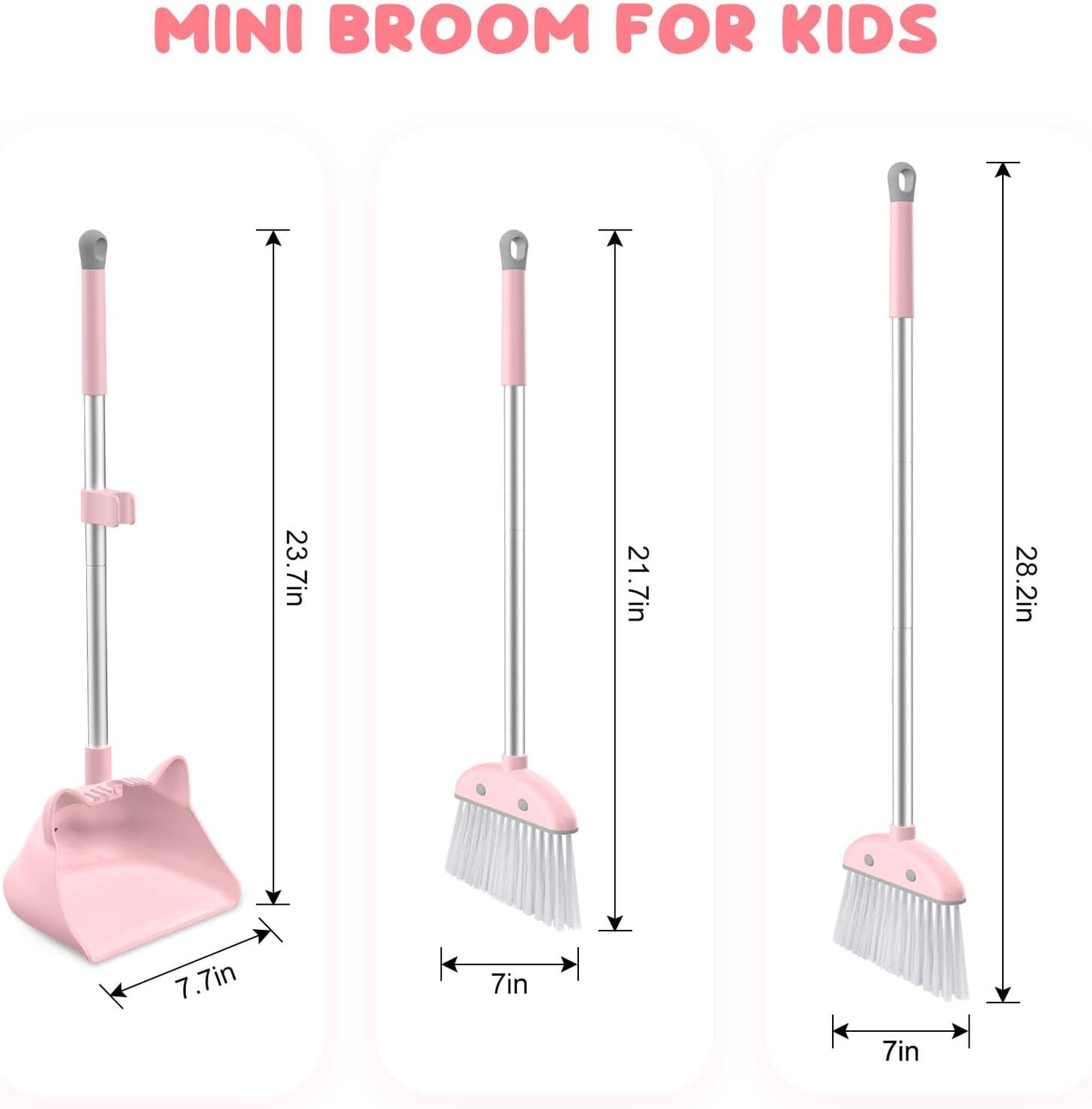 Mini Broom with Dustpan for Kids, 28-in Handle Kids Broom and Dustpan Set for Toddlers Cat-Shaped Children Cleaning Set Boys Girls Small Housekeeping Helper Set, Pink