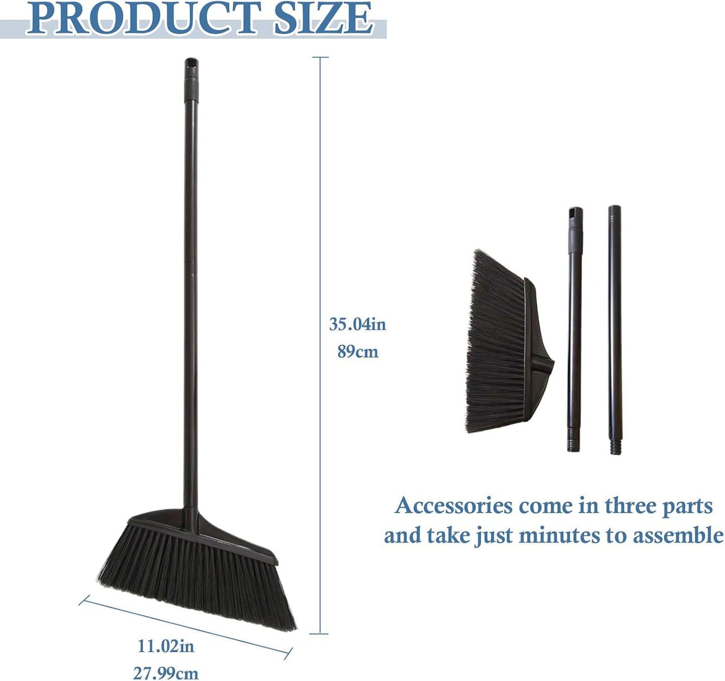 Black Broom for Floor Cleaning, 35" Heavy Duty Iron Handle Angled Broom with Stiff Bristles, Manual Sweeper for Kitchen, Apartment, RV, Small Spaces, Indoor Outdoor Use, 1 Pack