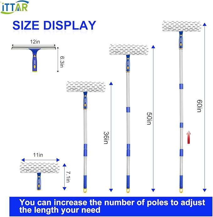‌ITTAR Window Squeegee Cleaner Kit, 5Ft Extendable Stainless Steel Pole - Image 7