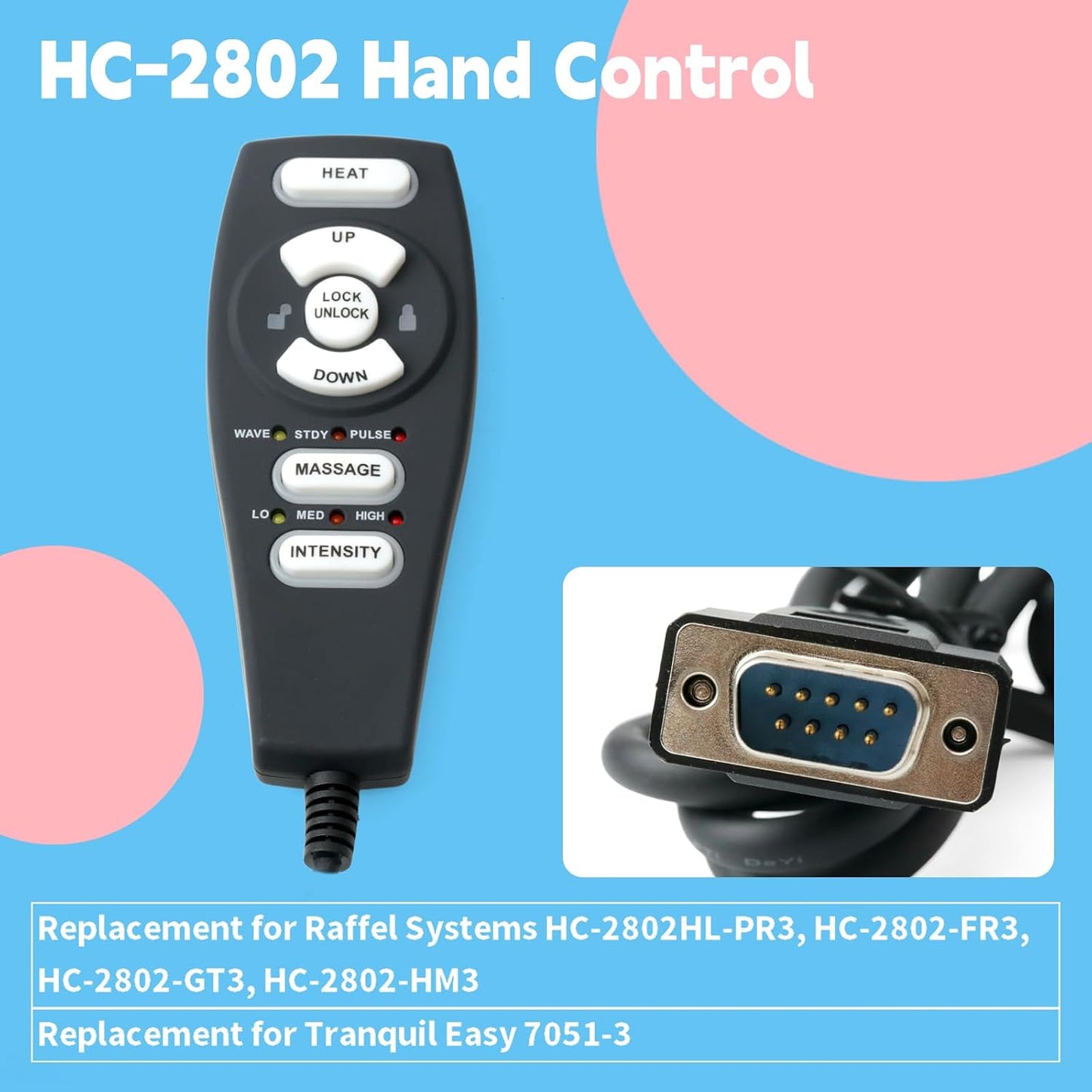 HC-2802 Lift Chair Hand Control Compatible with Raffel Systems, Replace HC-2802-HM3 HC-2802-FR3 HC-2802HL-PR3 HC-2802-GT3 7051-3 9-Pin 6 Button Black Heat Massage Recliner Parts