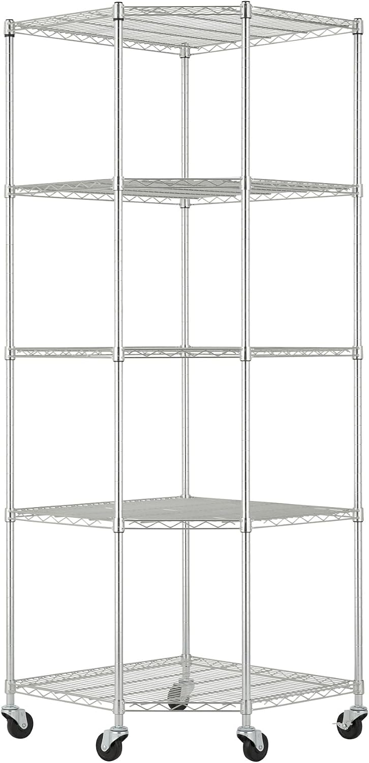 5-Tier Adjustable Wire Shelving with Wheels, Corner Wire Shelf Rack for Kitch...