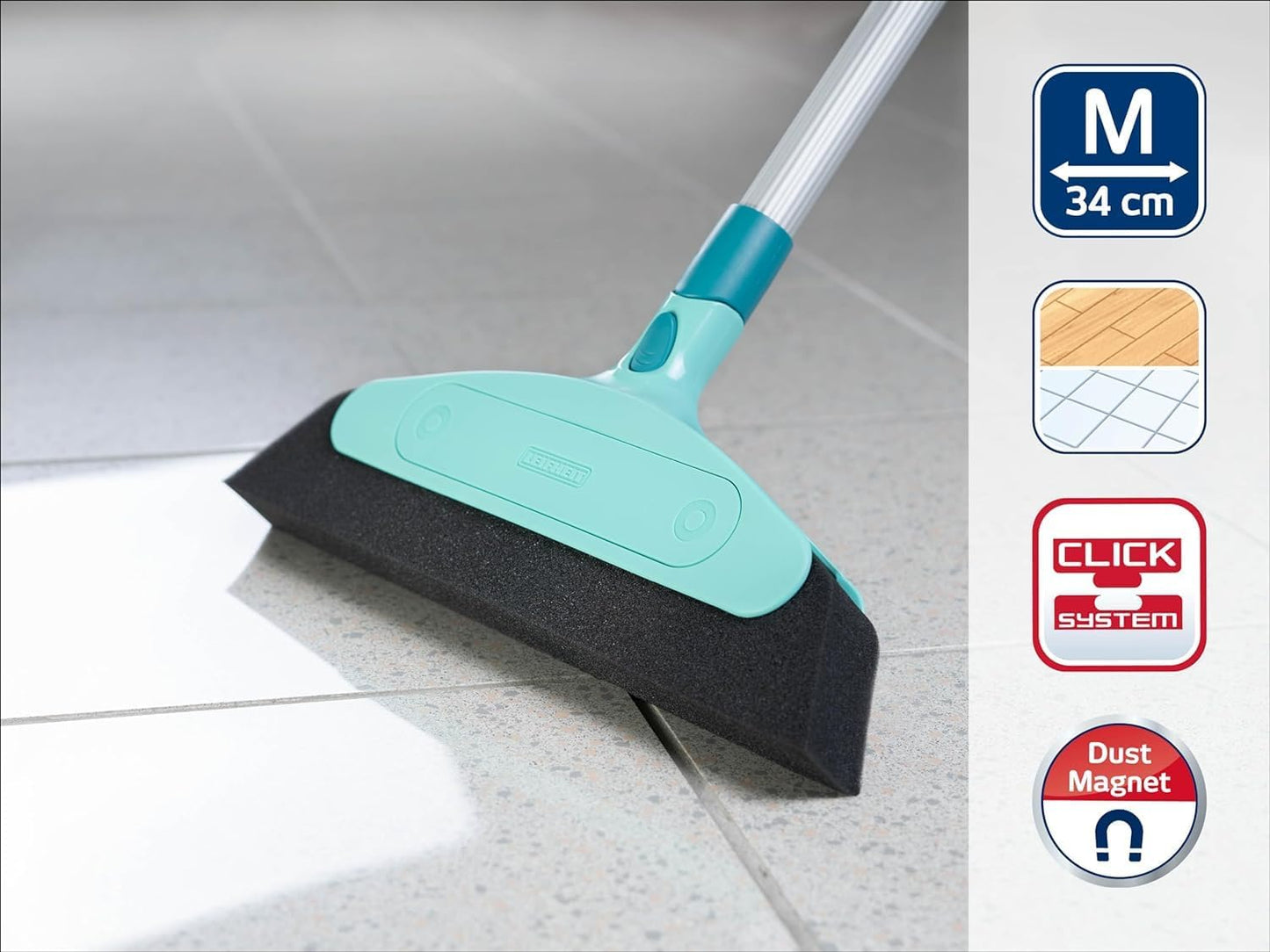 Leifheit Classic Foam Broom for Click System Handles, width 34 cm, Useful for Allergy Suffers as Dust is not Whirled Up, No Dust Cloud