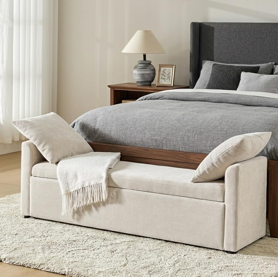 HULALA HOME 59" Storage Bench with 2 Throw Pillows & Armrests, Linen