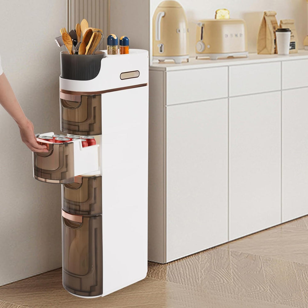 4 Tiers Slim Bathroom Storage Cabinet, Drawer Narrow Slim Storage Cart with T...