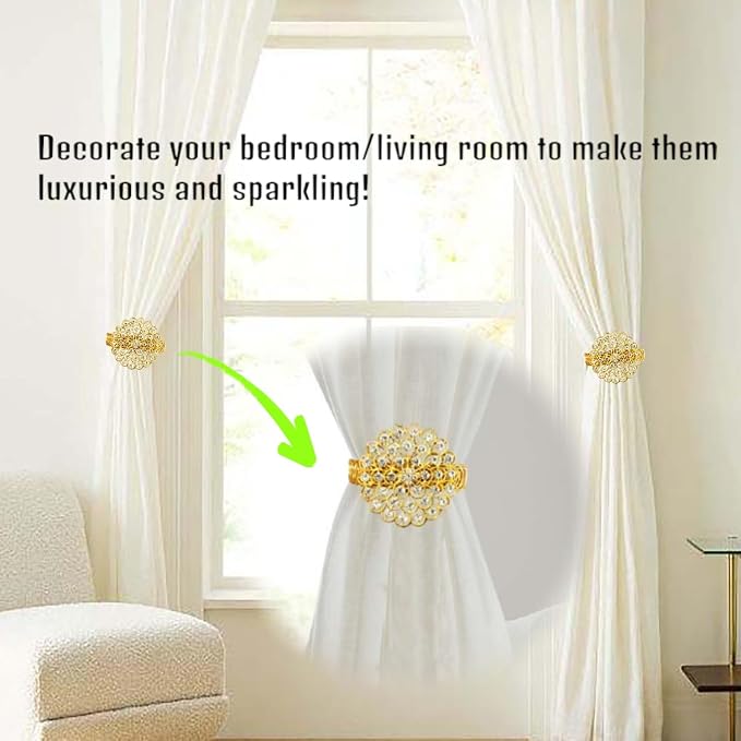 2 Pack Crystal Flower Curtain Tiebacks – Decorative Spring Wire Buckle Clips - Image 3