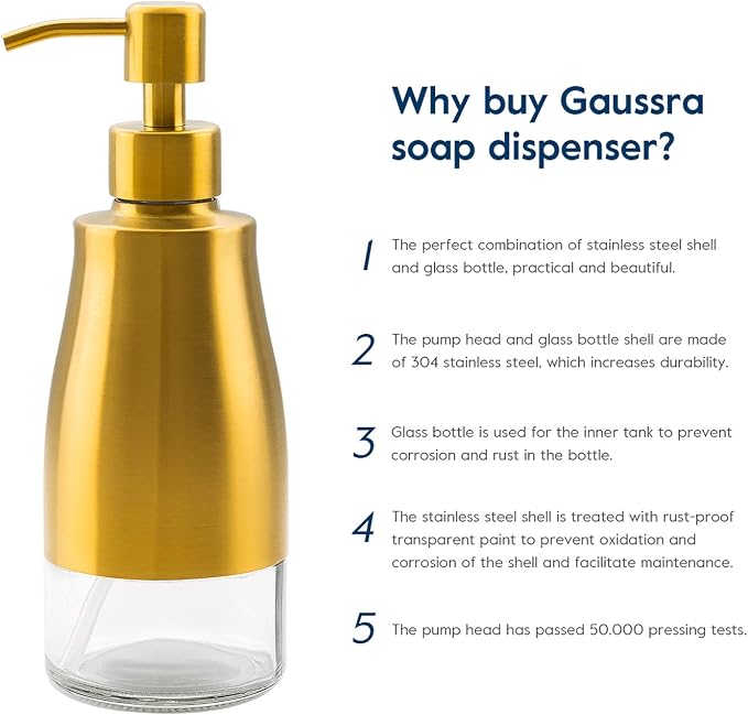 Gaussra Soap Dispenser with Coaster and Stickers, Brushed Gold Stainless Steel - Image 7