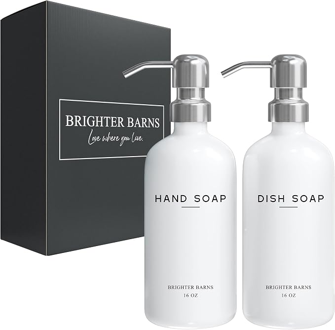White Glass Hand and Dish Soap Dispenser Set by Brighter Barns - Image 8