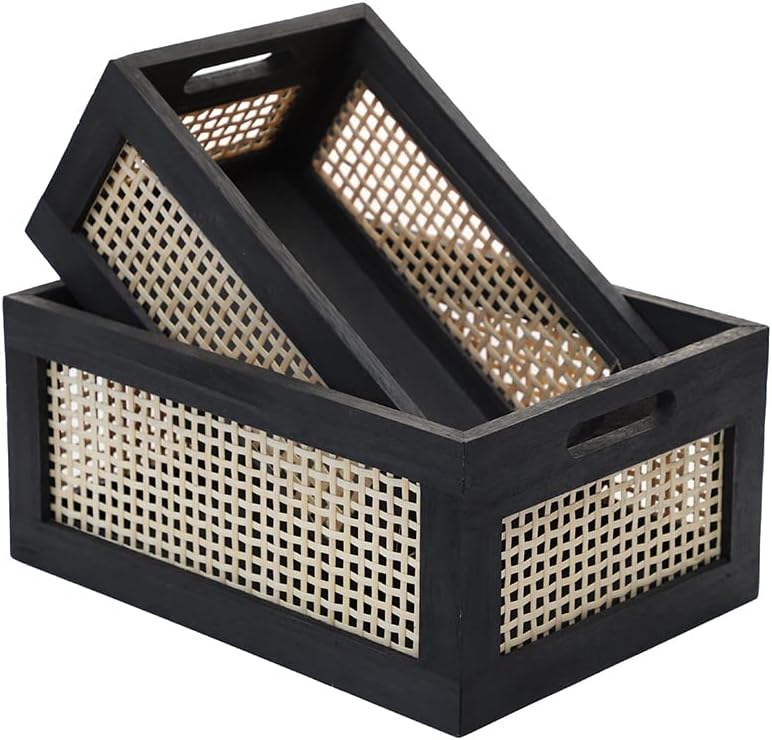 Wicker Wood Storage Baskets with Handle, Set of 2, Black