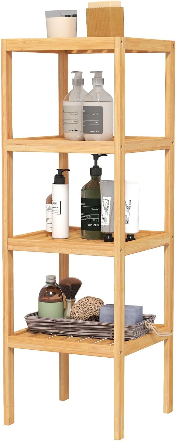 kinbor Bamboo Bathroom Storage Shelf Freestanding, 4 Tier Shelving
