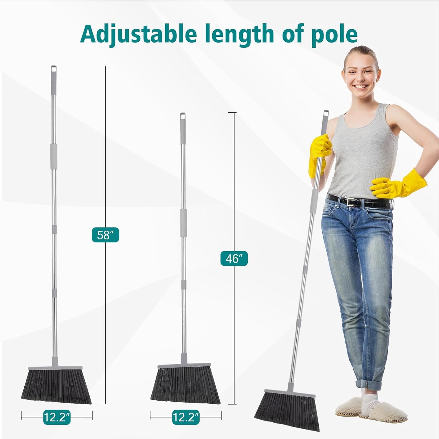 PBHEPJ Broom, 4 Pack Outdoor Broom for Floor Cleaning, 58" Long Stainless Steel Handle, Hard Bristle Angle Broom for Sweeping Indoor, Commercial, Industrial, Garage, Kitchen