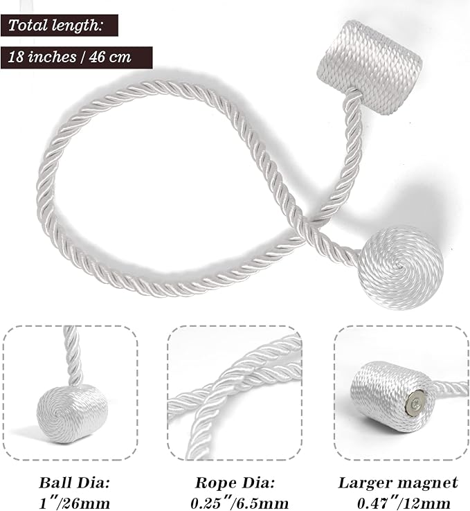 Hion Magnetic Curtain Tiebacks White 2pcs, Curtain Tiebacks Buckles Holdbacks - Image 3